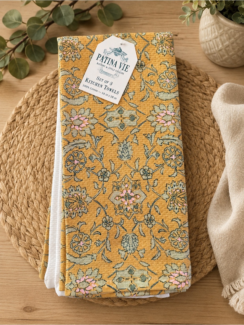 Mustard Floral Kitchen Towels - Set of 3